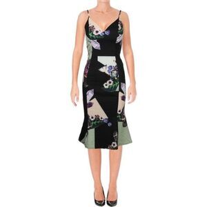 Bariano Australia Black Floral Midi Dress‎ Tulip Hem Size XS